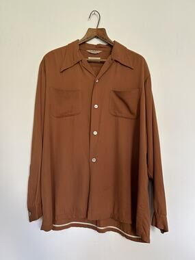 Vintage 40s 50s Wool Gabardine Loop Collar Long Sleeve Shirt Burnt Orange Size M